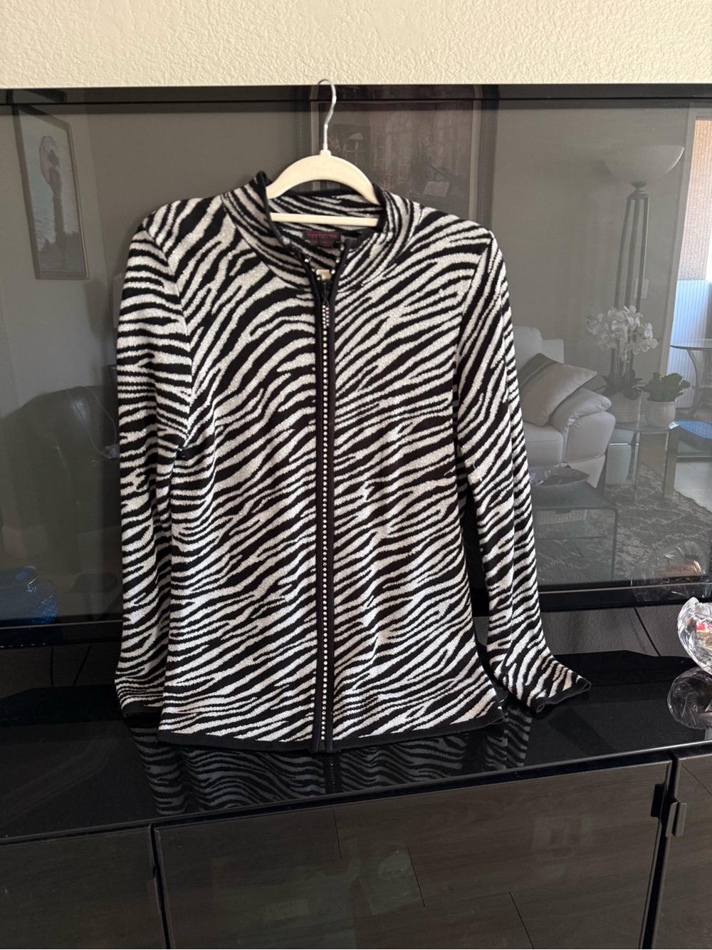 Women's Zebra Print Full-Zip Jacket - Black & White knit
